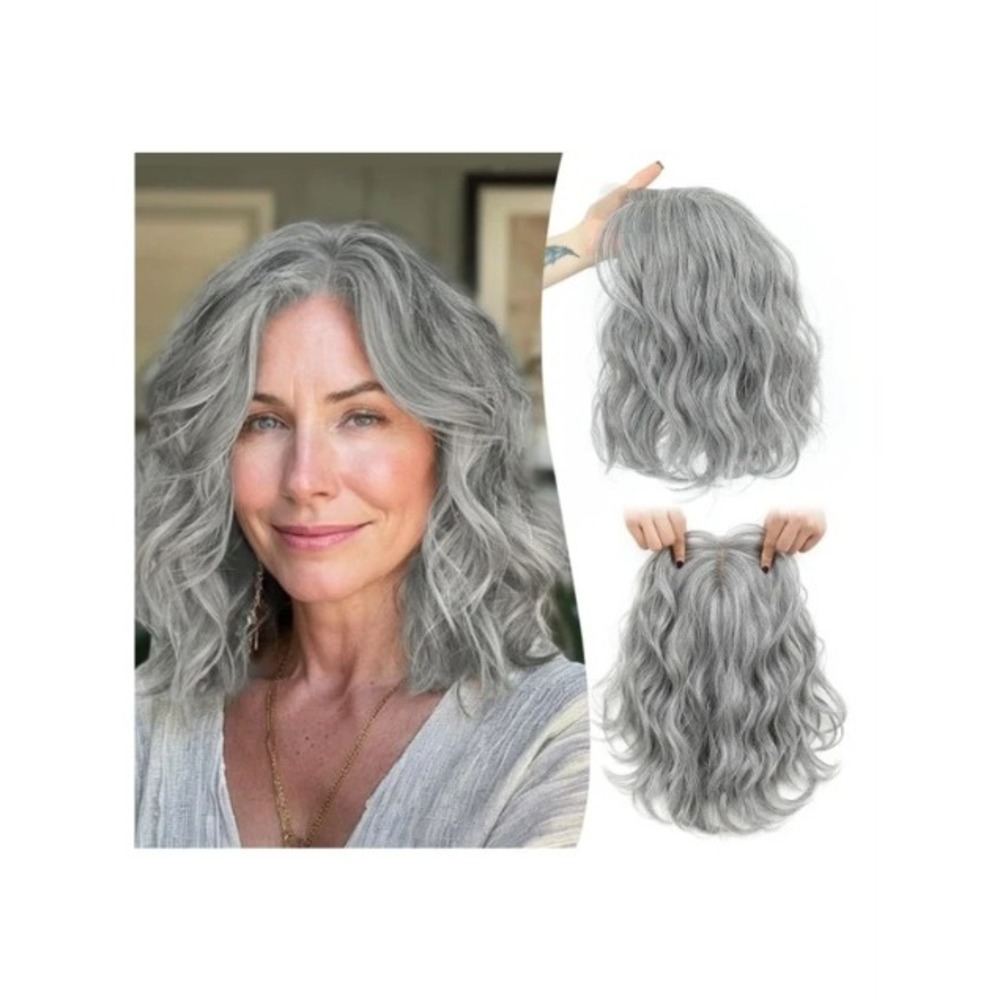 Ms Taj 11 Inch Short Wavy Salt and Pepper Hair Topper Synthetic Grey Hairpiece
